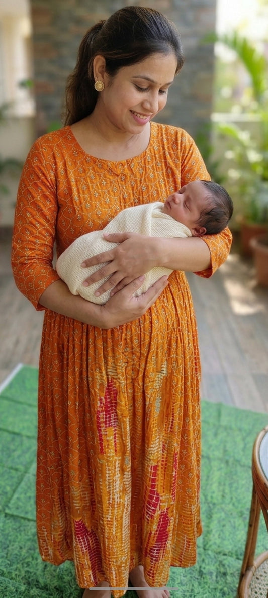 Mustard Shibori Maternity & Nursing Dress — Cotton