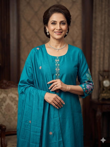 Plus Size Designer Churidar Set – Teal Embroidered Silk Suit (3XL | 4XL | 5XL)