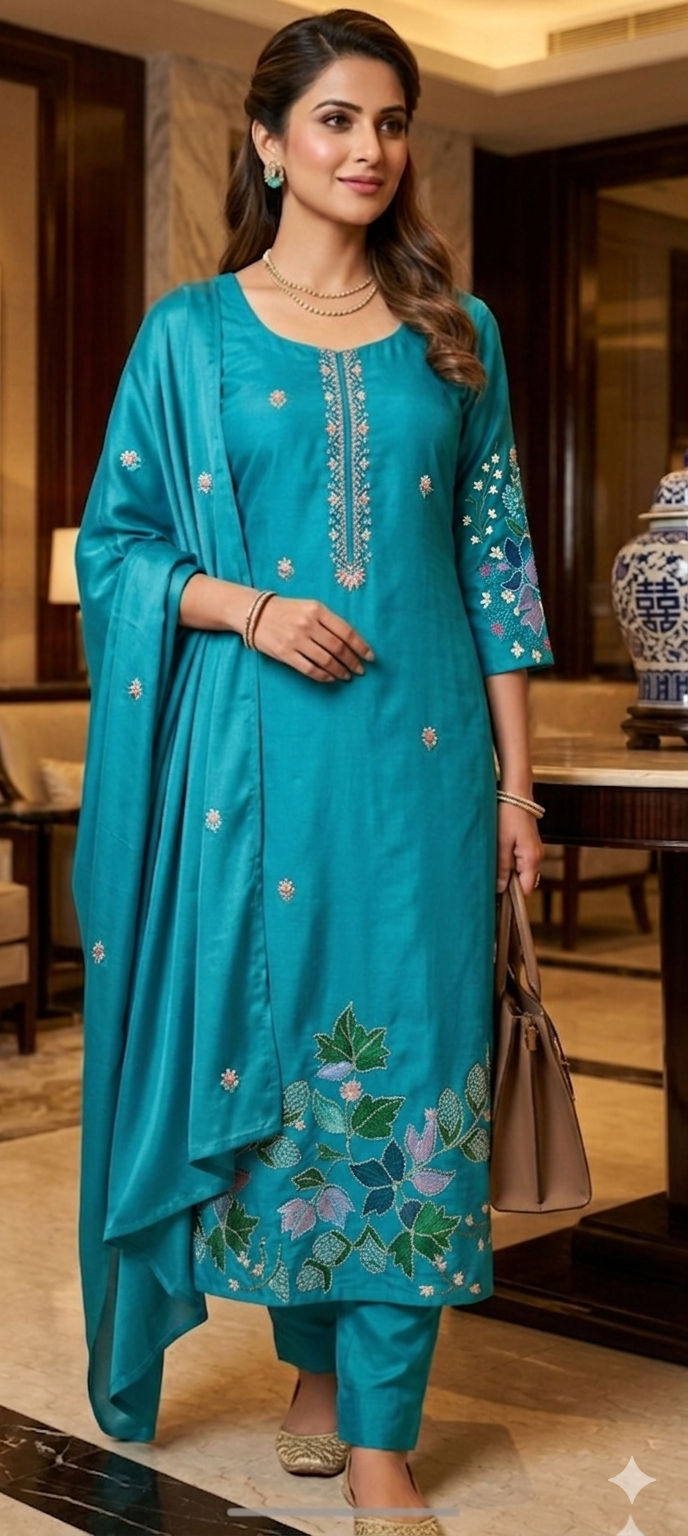 Plus Size Designer Churidar Set – Teal Embroidered Silk Suit (3XL | 4XL | 5XL)