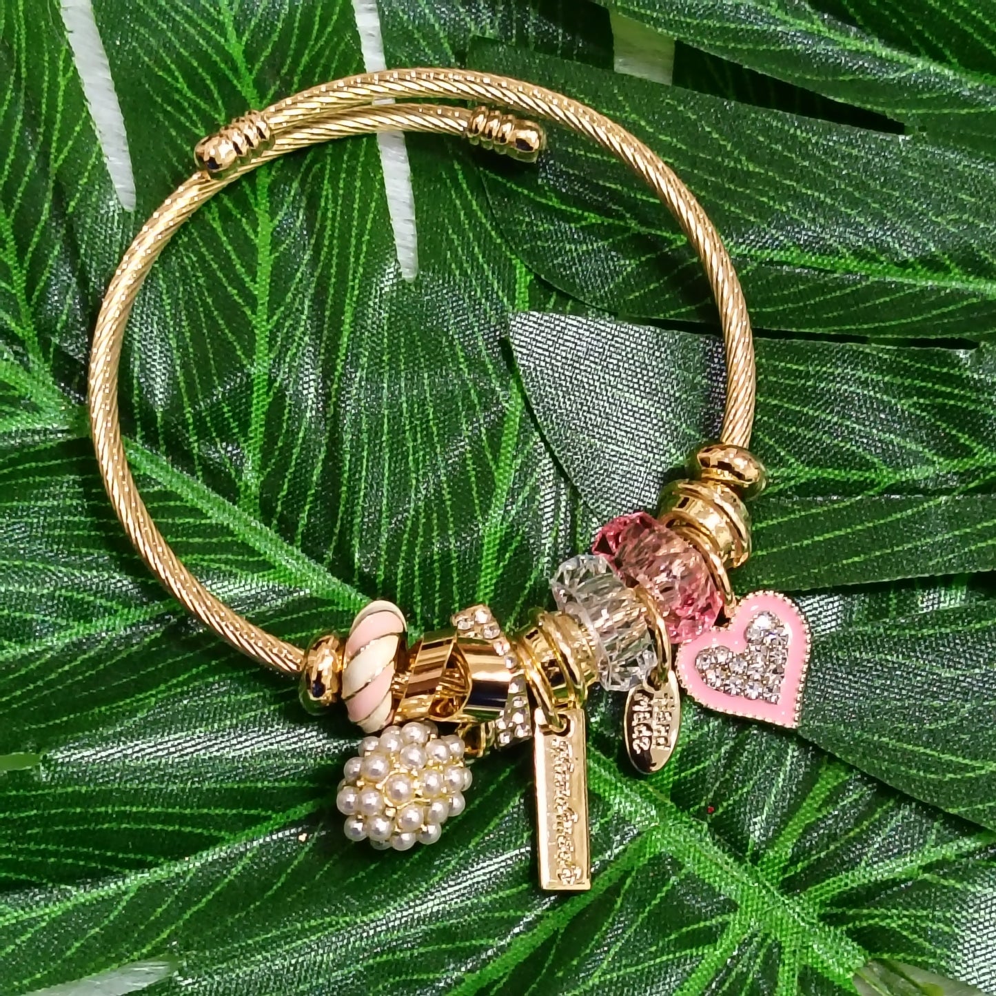 Pearl & Crystal Charm Bangle – Gold