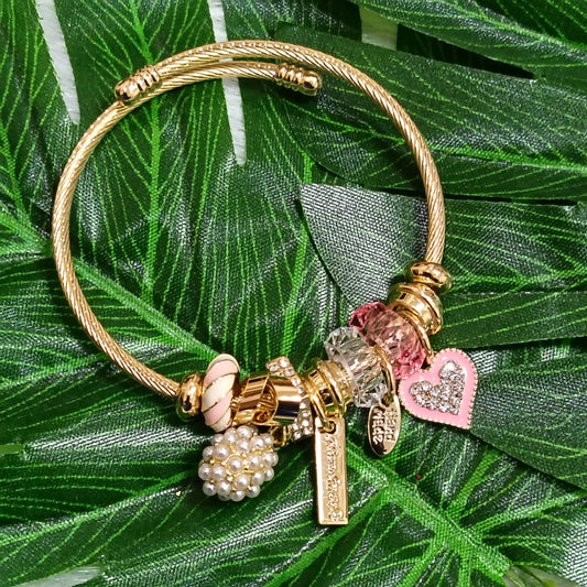 Pearl & Crystal Charm Bangle – Gold