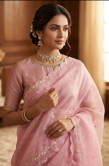 Blush Pink Glass Organza Saree with Stitched Blouse