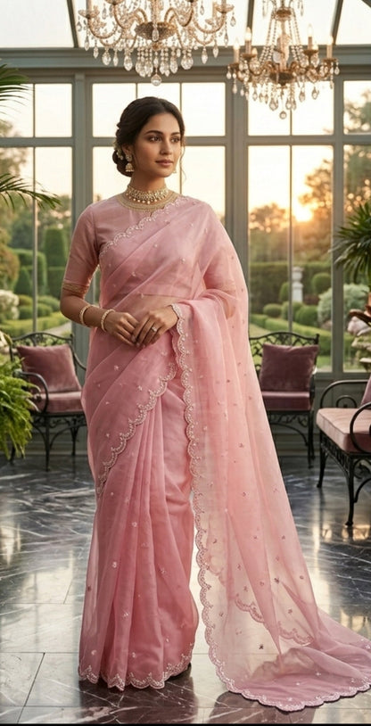 Blush Pink Glass Organza Saree with Stitched Blouse