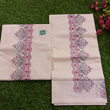 Kerala Cotton Mundu with Floral Zigzag Print Border