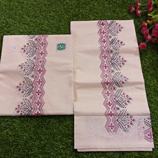 Kerala Cotton Mundu with Floral Zigzag Print Border