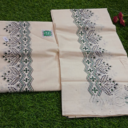 Kerala Cotton Mundu with Floral Zigzag Print Border