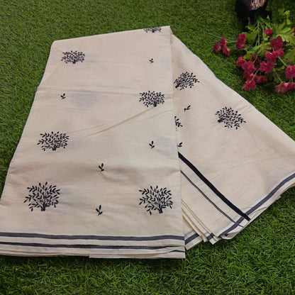 Puliyila kara  Saree with Tree Embroidery Work