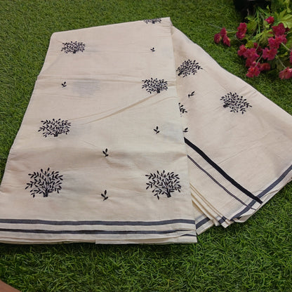 Puliyila kara  Saree with Tree Embroidery Work