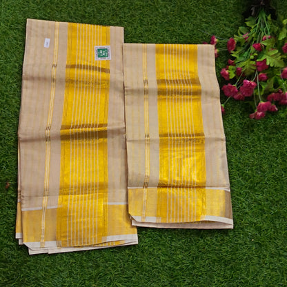 Kerala Tissue Set Mundu with Broad Gold Kasavu Border