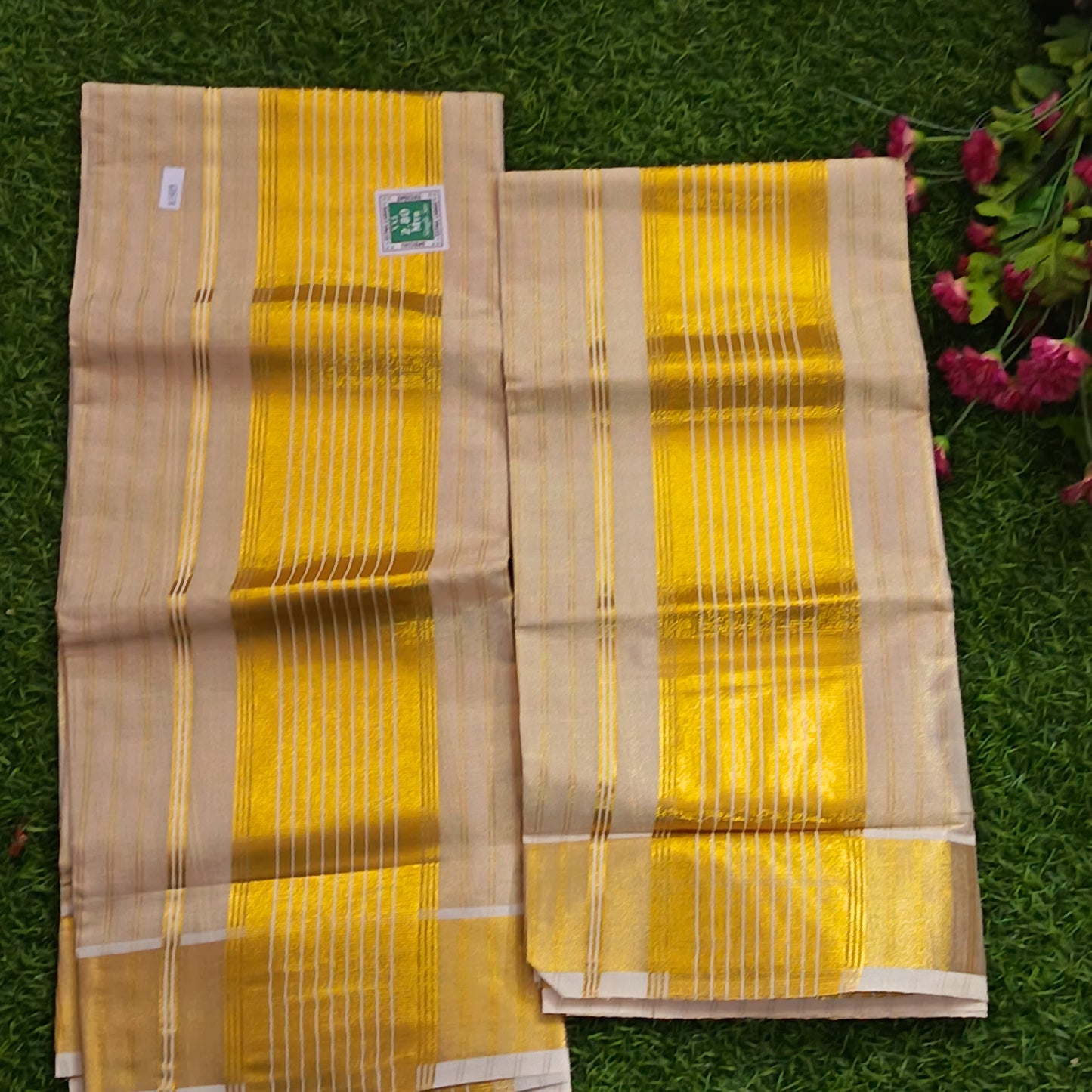 Kerala Tissue Set Mundu with Broad Gold Kasavu Border