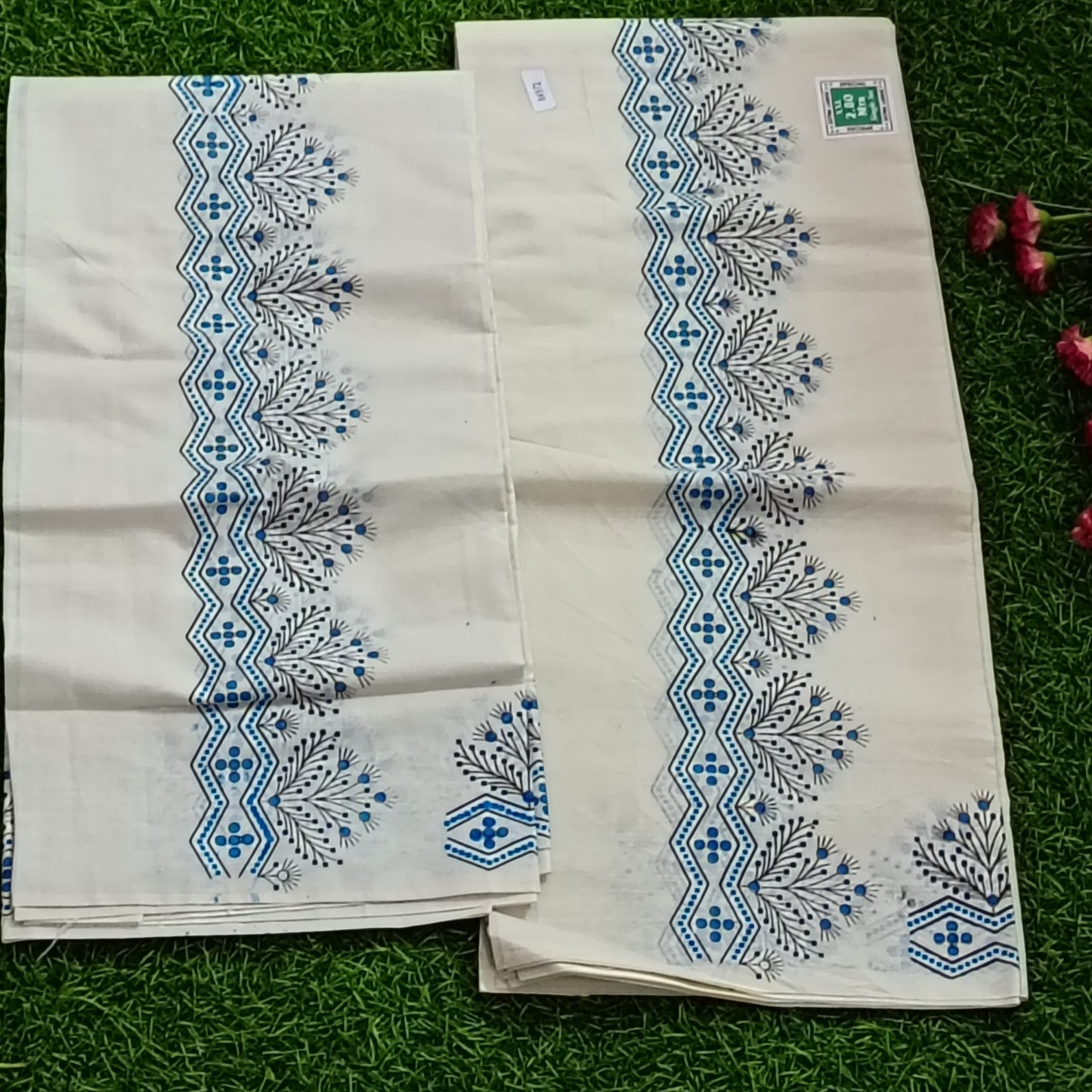 Kerala Cotton Mundu with Floral Zigzag Print Border