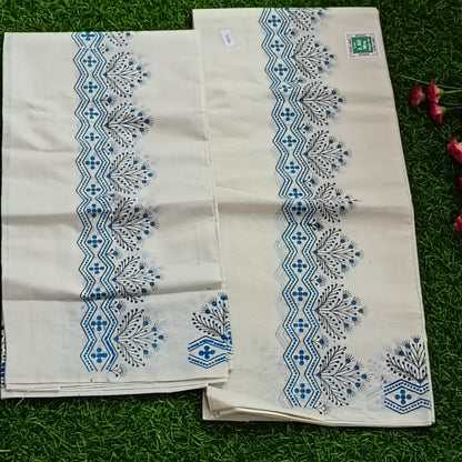Kerala Cotton Mundu with Floral Zigzag Print Border
