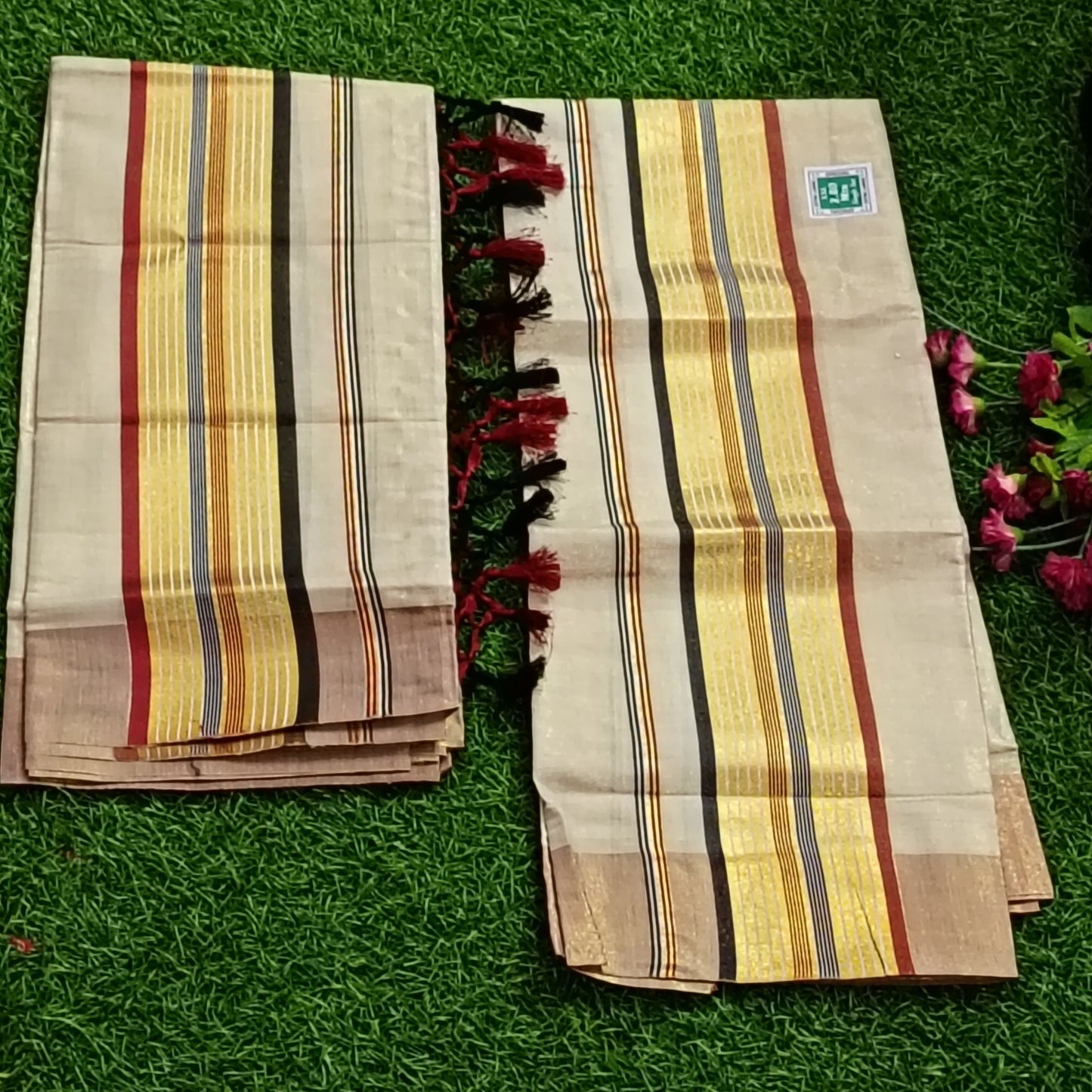Kerala Cotton Mundu with Gold Zari, Multicolour Stripes & Red Tassels