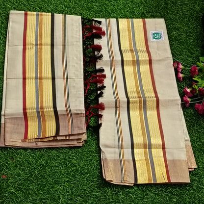Kerala Cotton Mundu with Gold Zari, Multicolour Stripes & Red Tassels