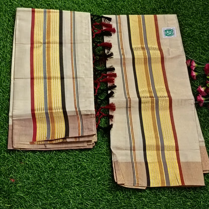 Kerala Cotton Mundu with Gold Zari, Multicolour Stripes & Red Tassels
