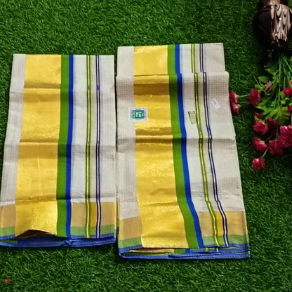 Kerala Traditional Kasavu Set Mundu – Gold Zari with Colour Border