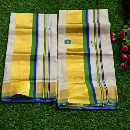 Kerala Traditional Kasavu Set Mundu – Gold Zari with Colour Border