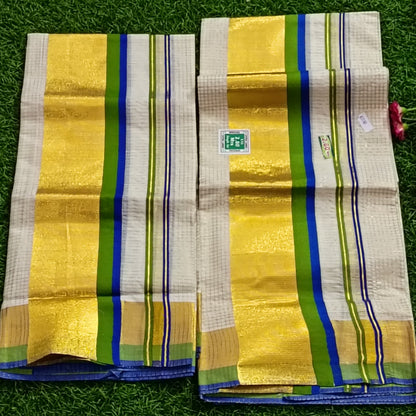 Kerala Traditional Kasavu Set Mundu – Gold Zari with Colour Border