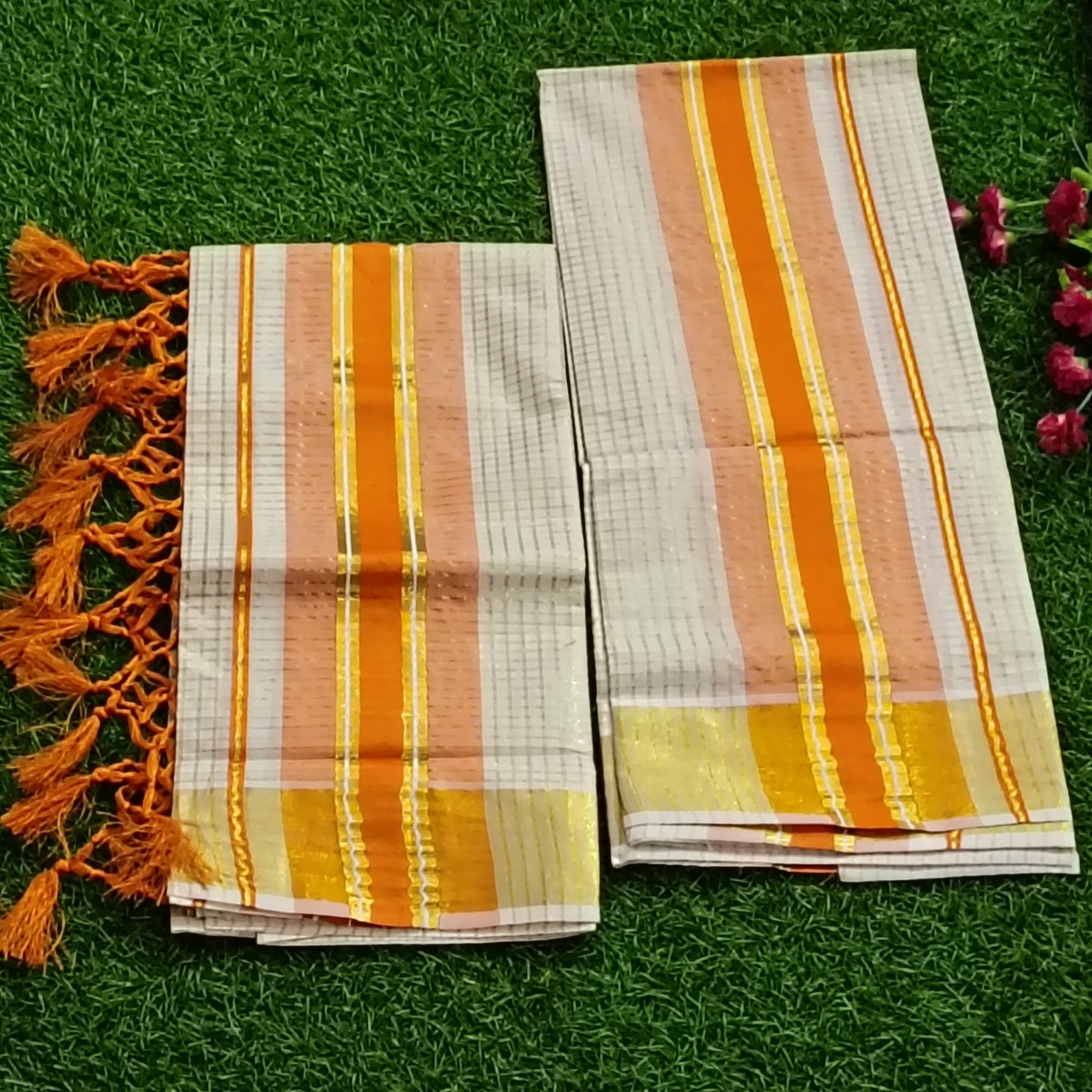 Kerala Cotton   Set – Mundu Orange & Gold Zari