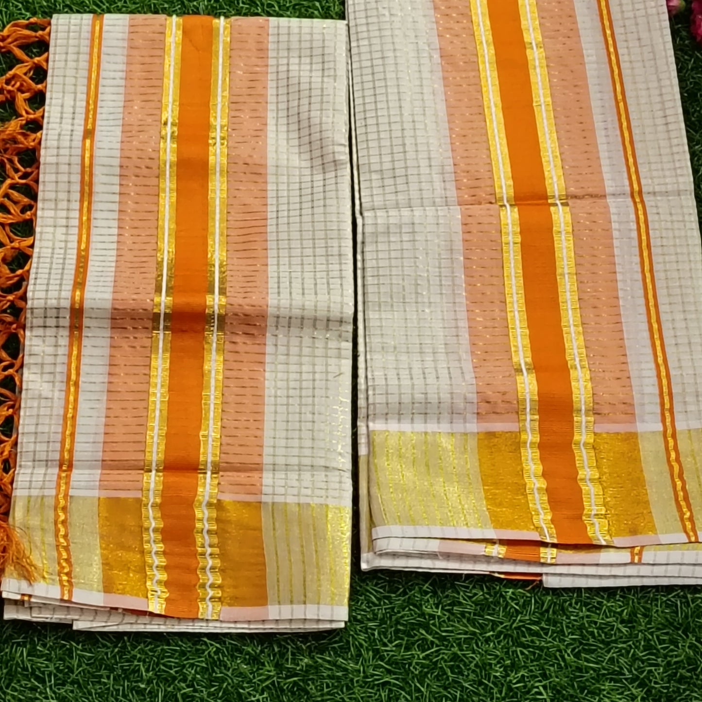 Kerala Cotton   Set – Mundu Orange & Gold Zari