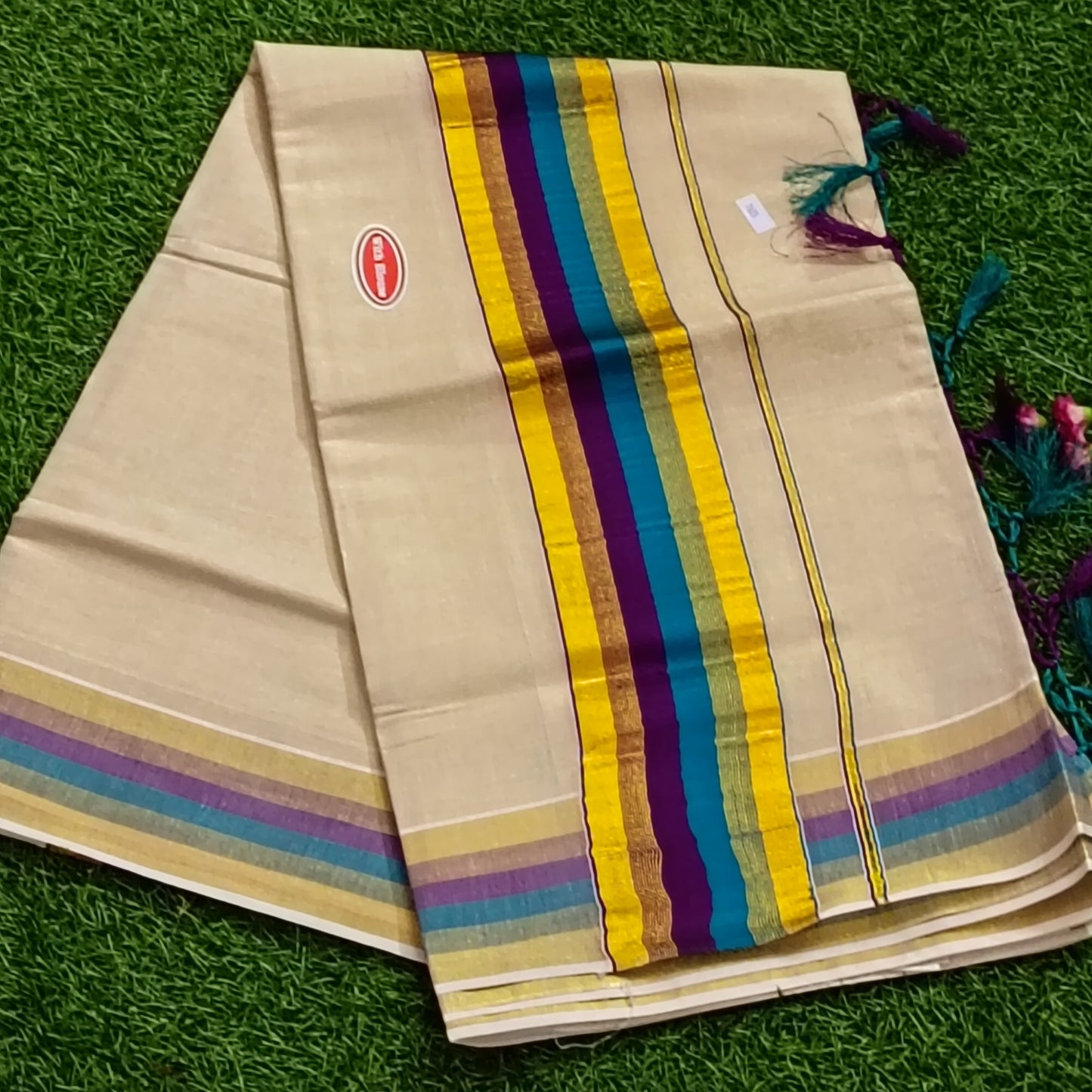 Kerala Set Mundu with Multicolour Kasavu Border & Tassels