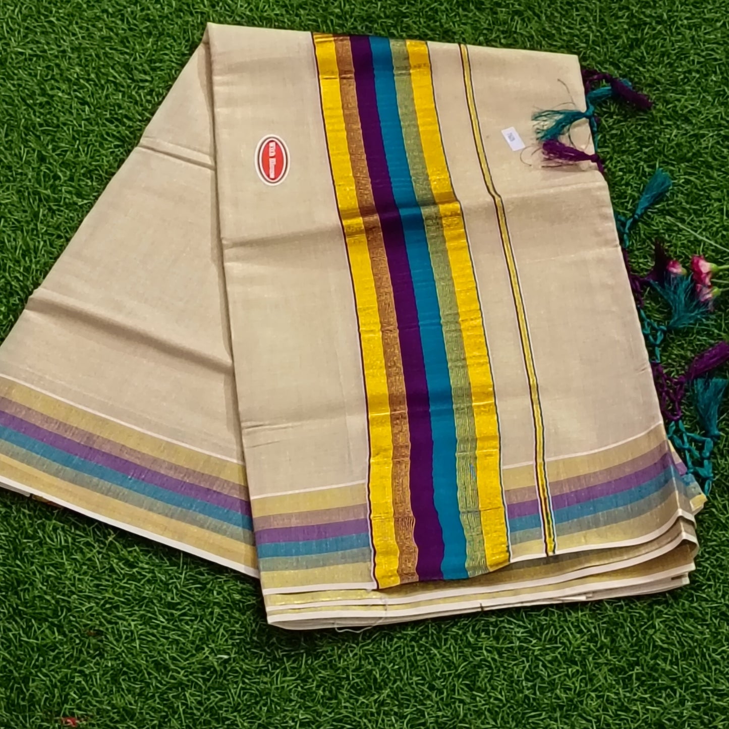 Kerala Set Mundu with Multicolour Kasavu Border & Tassels