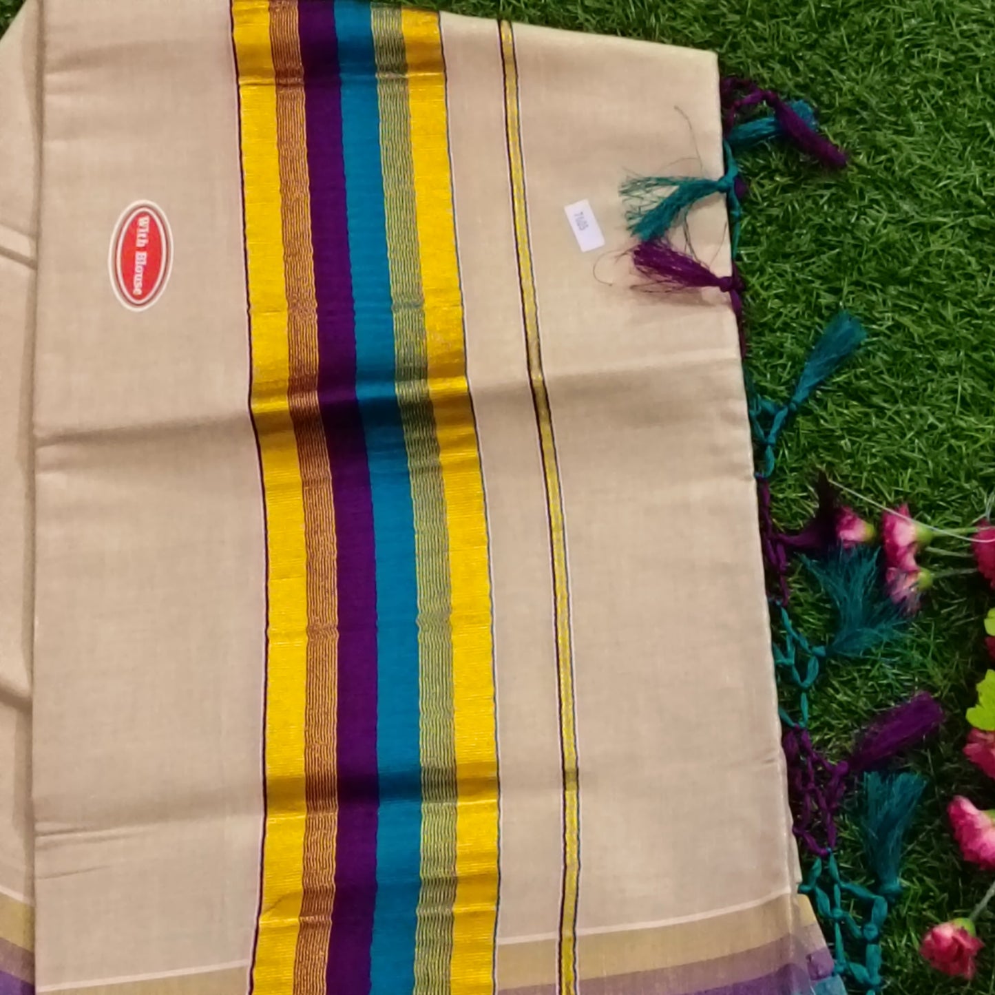 Kerala Set Mundu with Multicolour Kasavu Border & Tassels
