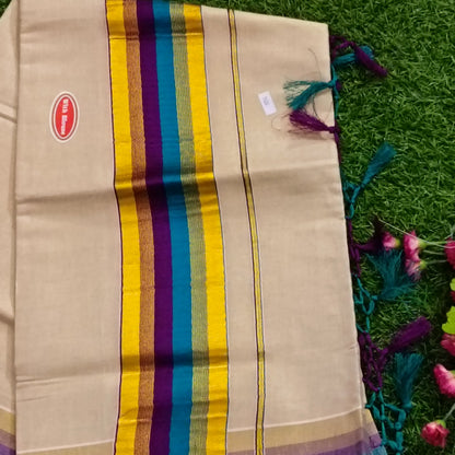 Kerala Set Mundu with Multicolour Kasavu Border & Tassels