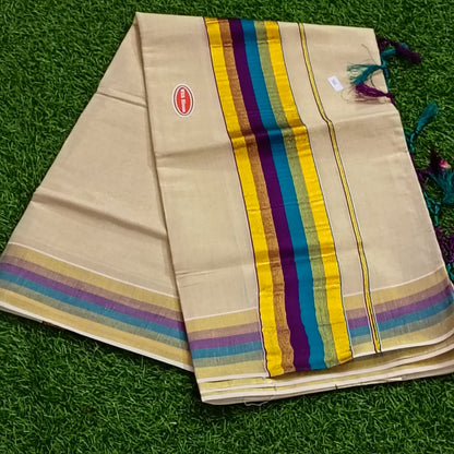 Kerala Set Mundu with Multicolour Kasavu Border & Tassels