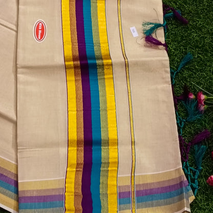 Kerala Set Mundu with Multicolour Kasavu Border & Tassels