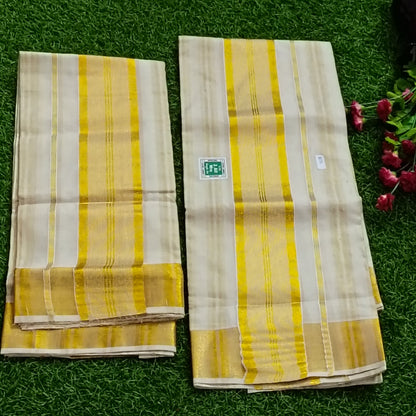 Kerala Set Mundu with Yellow & Gold Kasavu Border