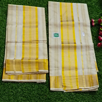 Kerala Set Mundu with Yellow & Gold Kasavu Border