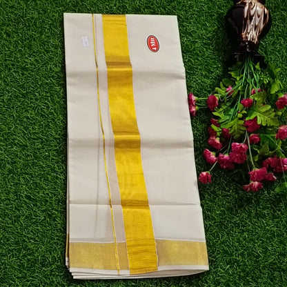 Pure Kerala Cotton Gold Kasavu Mundu | Traditional Men's Dhoti with Broad Zari Border