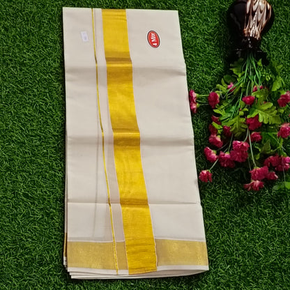 Pure Kerala Cotton Gold Kasavu Mundu | Traditional Men's Dhoti with Broad Zari Border