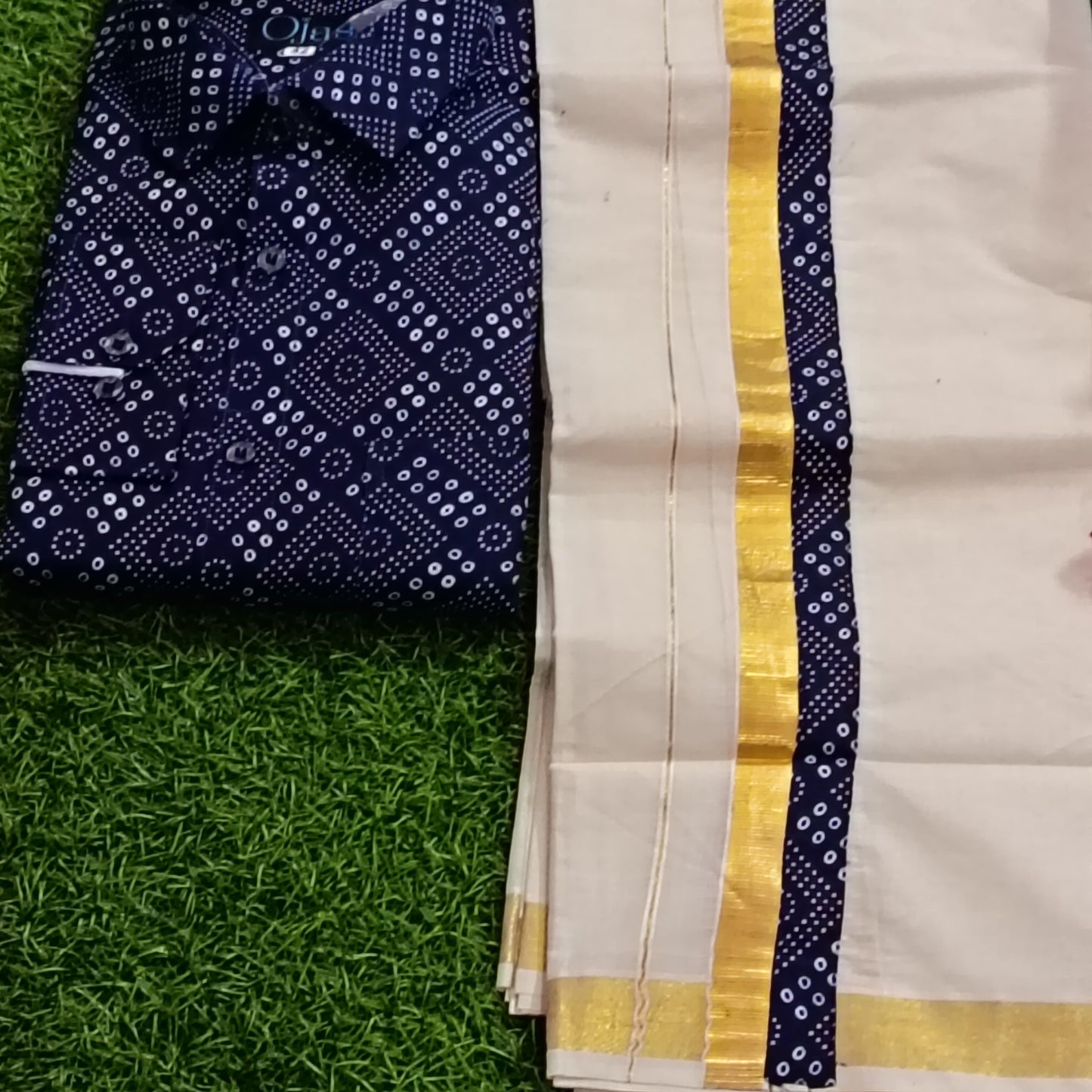 Navy Blue Bandhani Print Shirt & Kerala Kasavu Dhoti Combo Set | Men's Ethnic Festive Wear