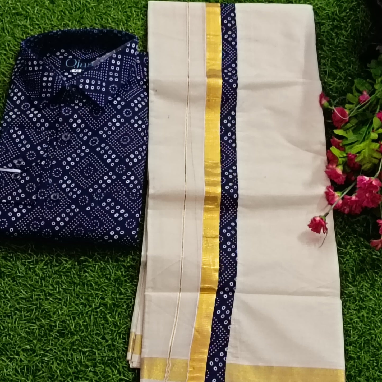 Navy Blue Bandhani Print Shirt & Kerala Kasavu Dhoti Combo Set | Men's Ethnic Festive Wear