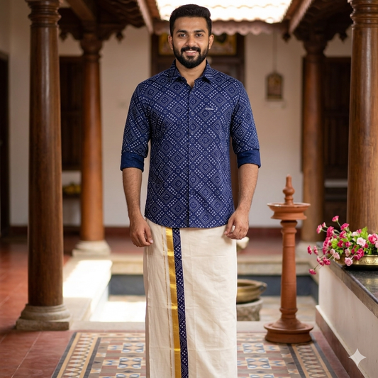 Navy Blue Bandhani Print Shirt & Kerala Kasavu Dhoti Combo Set | Men's Ethnic Festive Wear