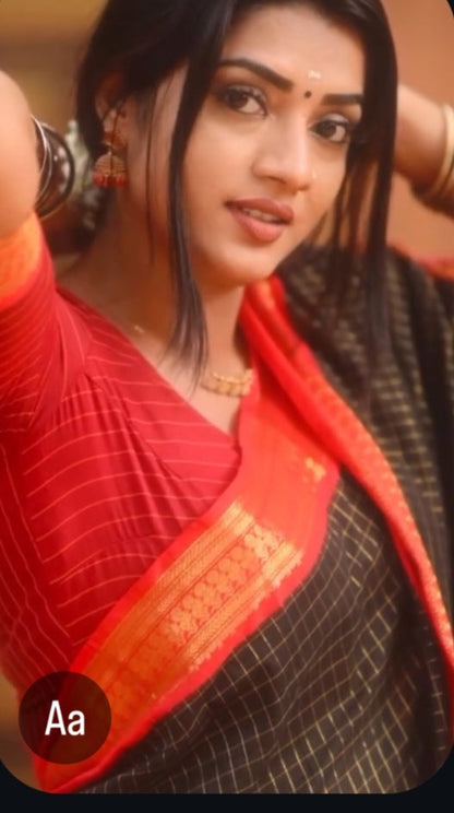 Kalyani Cotton Checked Saree With Stitched Blouse