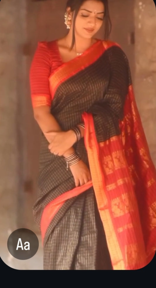 Kalyani Cotton Checked Saree With Stitched Blouse