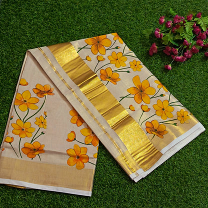 Kerala Kasavu Saree with Hand-Painted Marigold Florals & Gold Zari Border