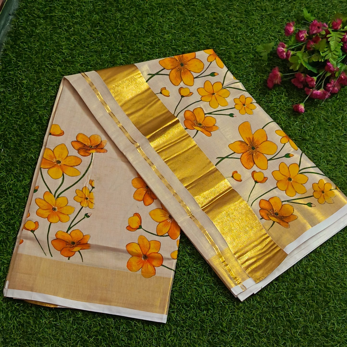 Kerala Kasavu Saree with Hand-Painted Marigold Florals & Gold Zari Border