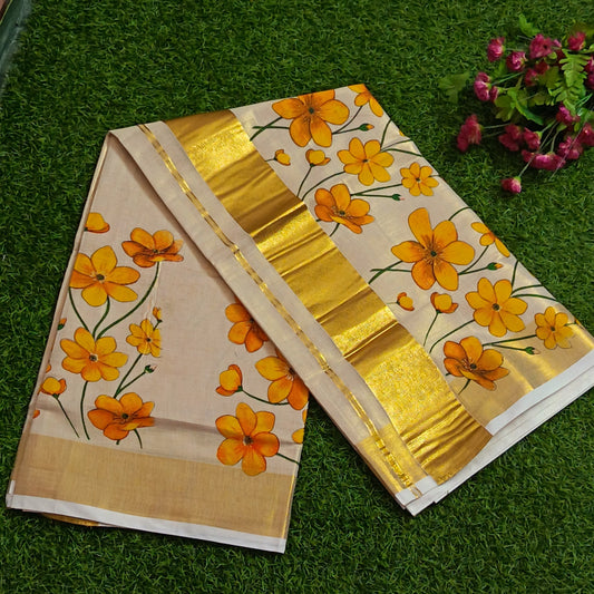 Kerala Kasavu Saree with Hand-Painted Marigold Florals & Gold Zari Border