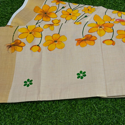 Kerala Kasavu Saree with Hand-Painted Marigold Florals & Gold Zari Border