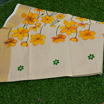 Kerala Kasavu Saree with Hand-Painted Marigold Florals & Gold Zari Border