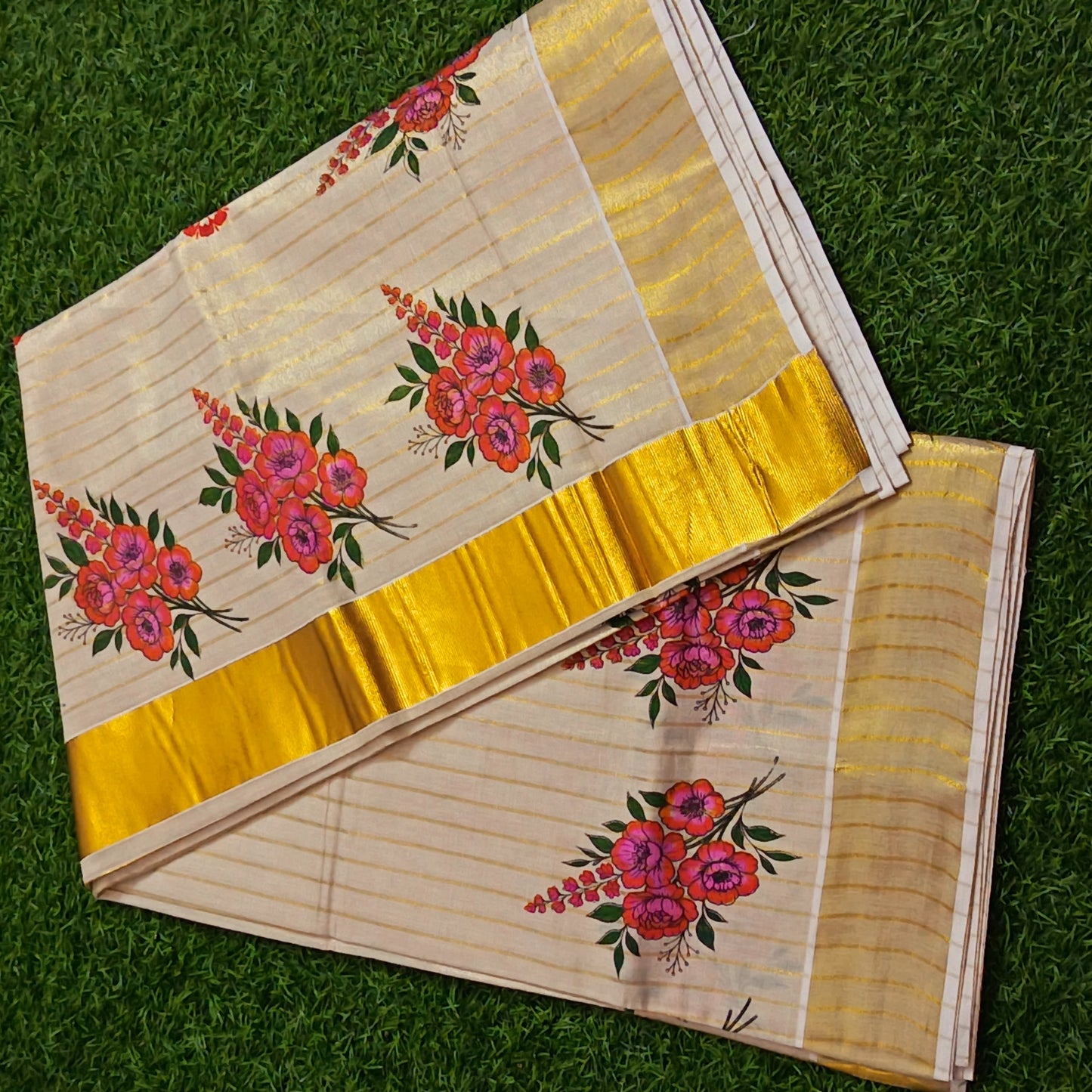 Kerala Tissue Saree with Gold Zari Border & Hand-Painted Floral Print