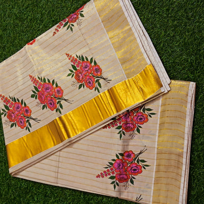 Kerala Tissue Saree with Gold Zari Border & Hand-Painted Floral Print