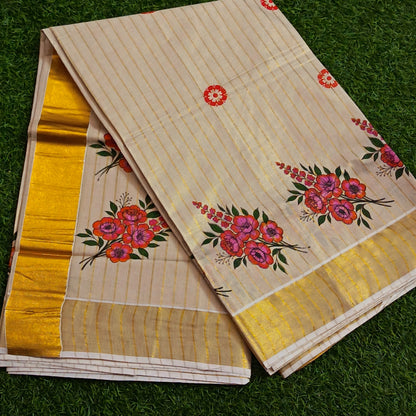 Kerala Tissue Saree with Gold Zari Border & Hand-Painted Floral Print