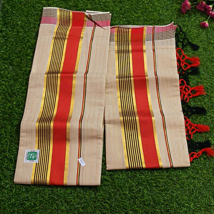 Kerala Cotton Mundu Set – Red & Gold Stripe with Tassels