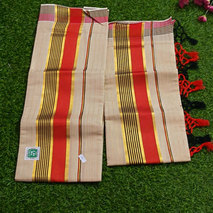 Kerala Cotton Mundu Set – Red & Gold Stripe with Tassels