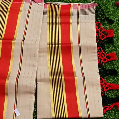 Kerala Cotton Mundu Set – Red & Gold Stripe with Tassels